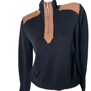 Lauren Ralph Lauren Black and Tan Cotton Leather Trim Sweater Large Petite